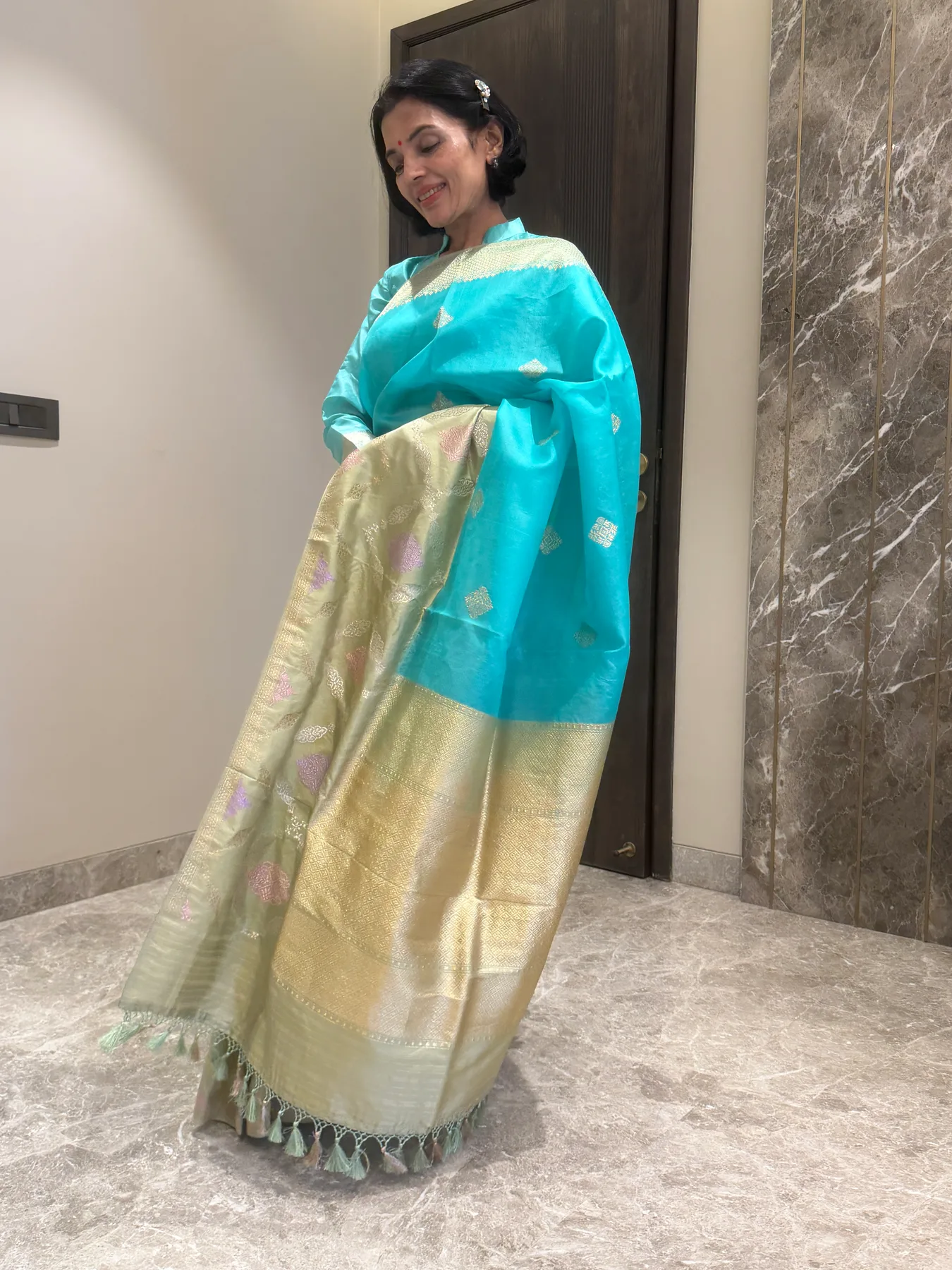 Turquoise and Pistachio Pure Handloom Kaduwa Sona Rupa Multi Meena Kadiyal Border Banarasi Saree — Banarasi, view 4