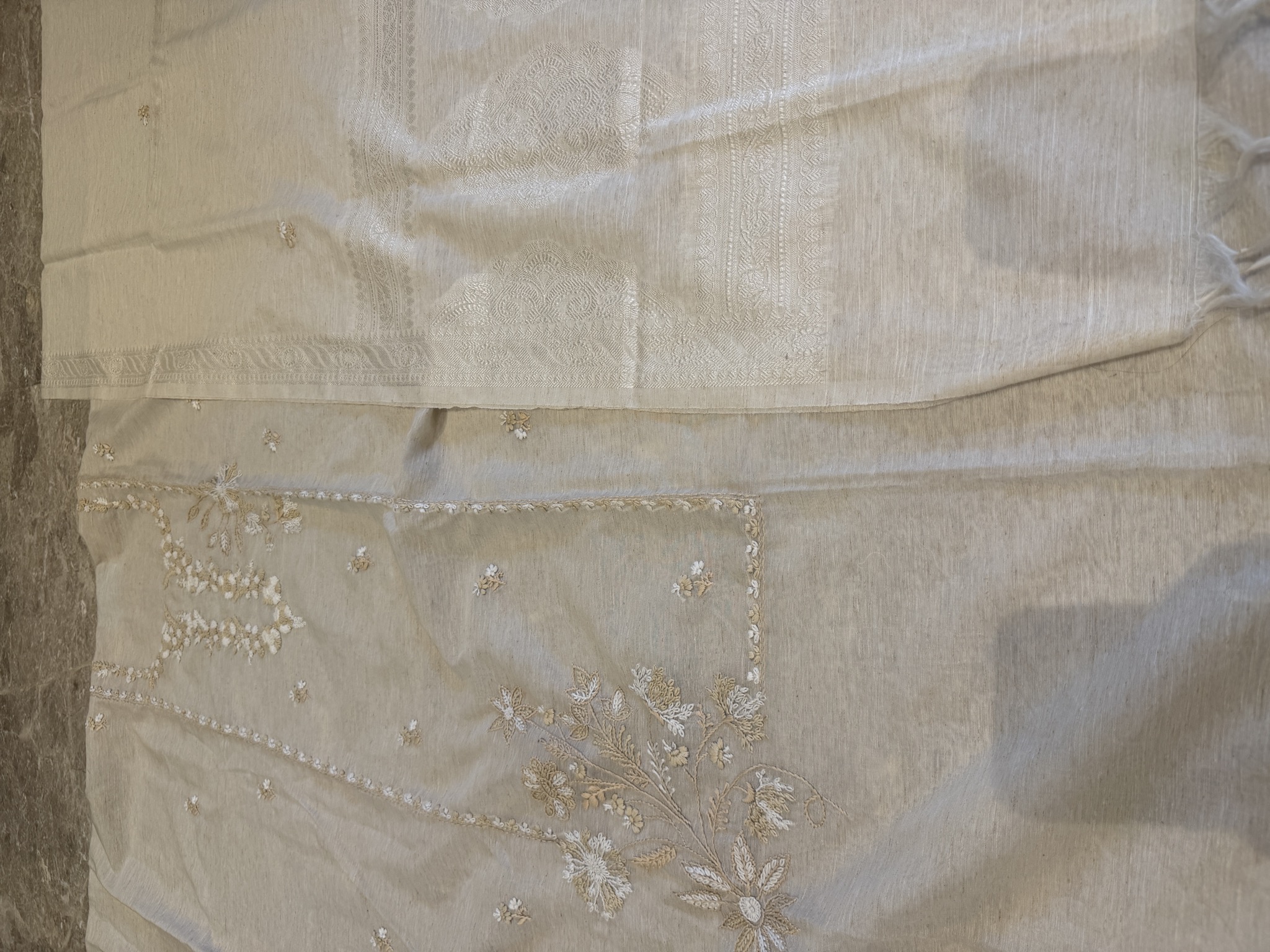 Tussar Silk Hand Embroidered Unstitched Suit Set in Sage — Tussar Silk, India