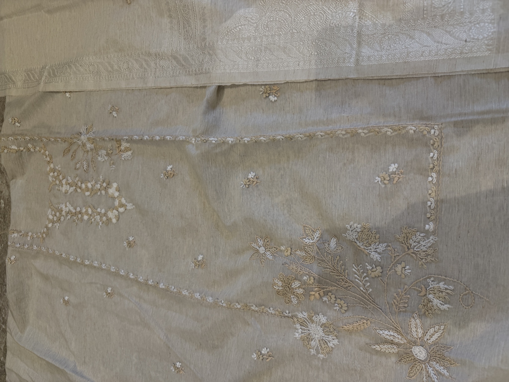 Tussar Silk Hand Embroidered Unstitched Suit Set in Sage — Tussar Silk, India, view 2