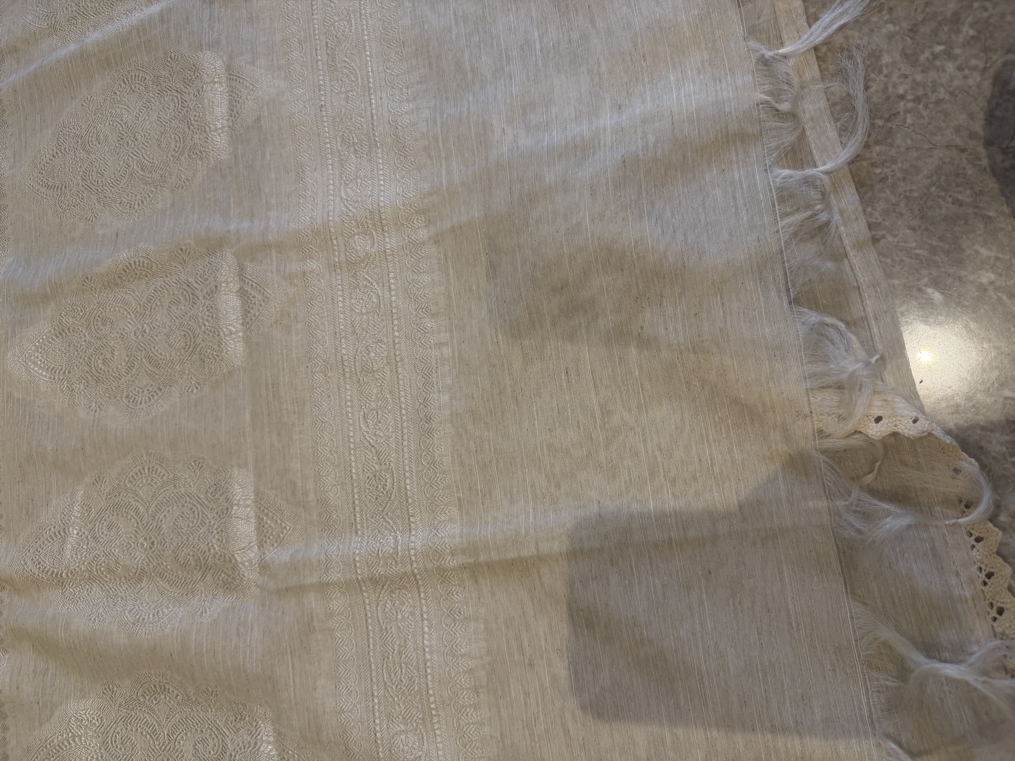 Tussar Silk Hand Embroidered Unstitched Suit Set in Sage — Tussar Silk, India, view 4