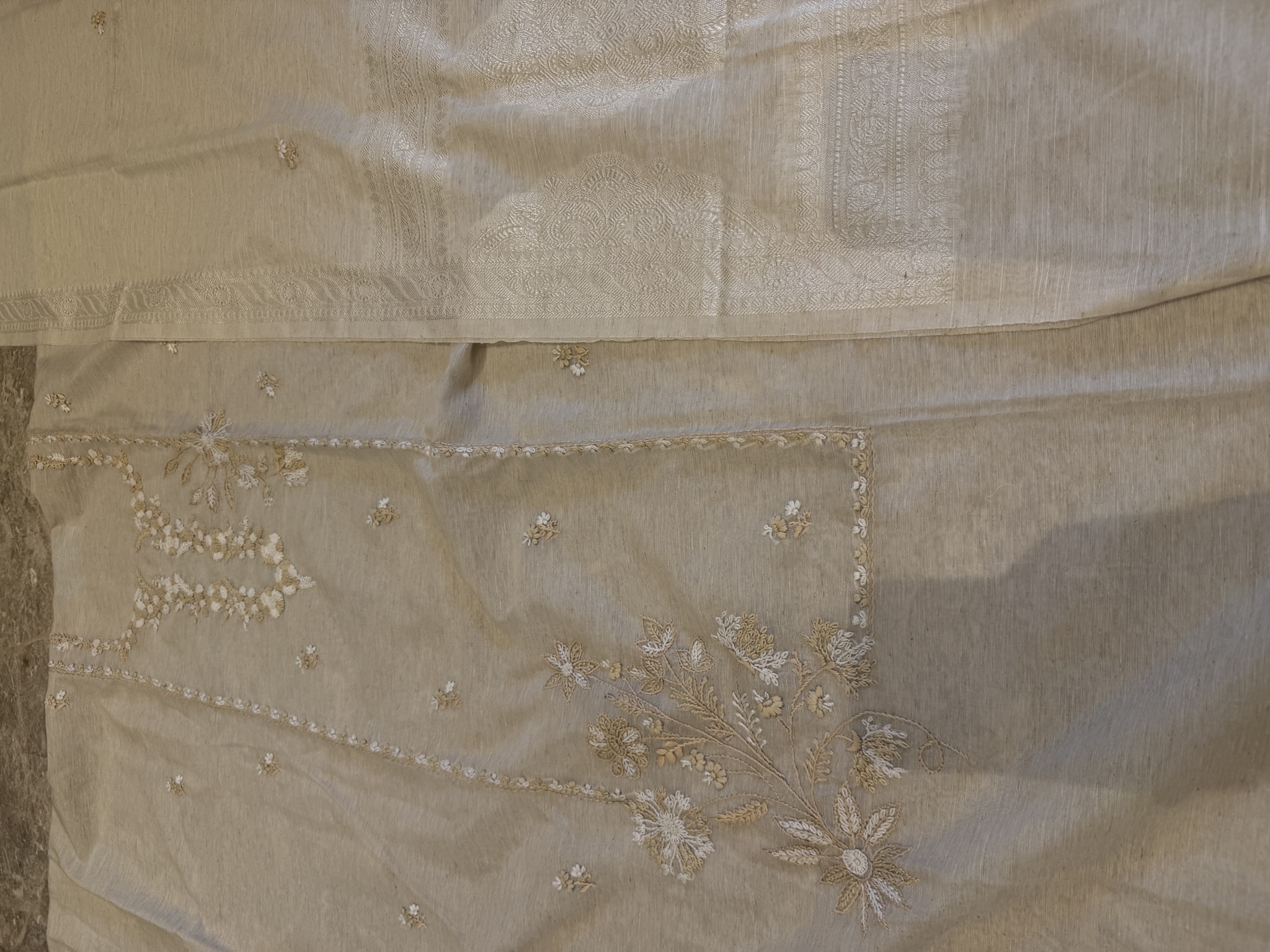 Tussar Silk Hand Embroidered Unstitched Suit Set in Sage — Tussar Silk, India, view 6