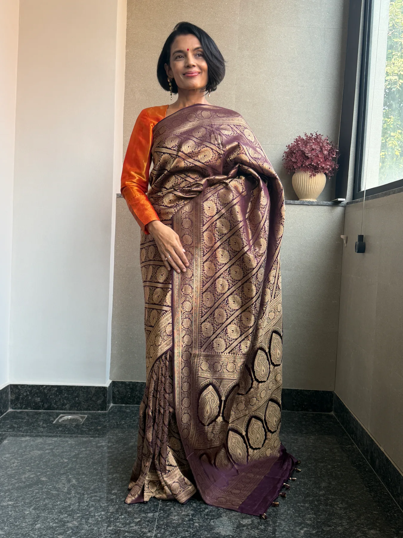 Vintage-Inspired Aubergine Silk Brocade Khimkhaab Locked Kaduwa Saree — Banarasi, Silk Brocade, view 6