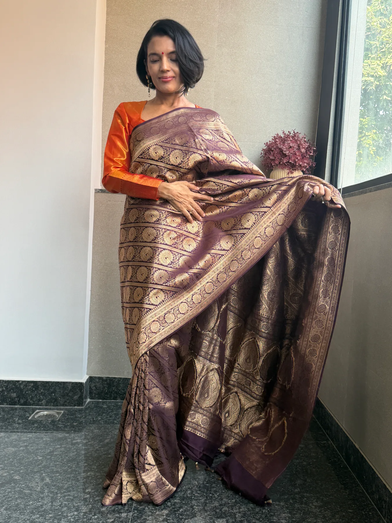Vintage-Inspired Aubergine Silk Brocade Khimkhaab Locked Kaduwa Saree — Banarasi, Silk Brocade, view 8