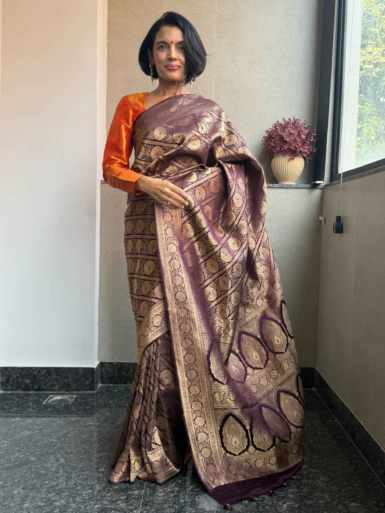 Vintage-Inspired Aubergine Silk Brocade Khimkhaab Locked Kaduwa Saree — Banarasi, Silk Brocade, view 7