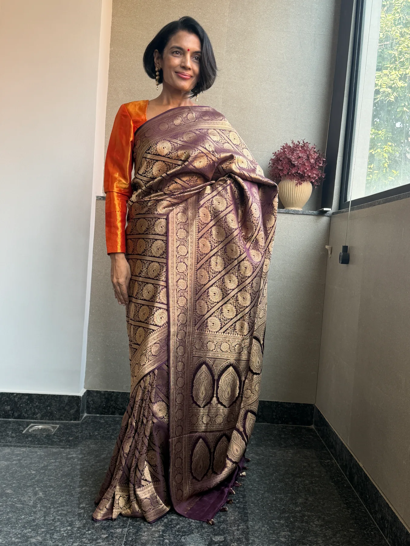 Vintage-Inspired Aubergine Silk Brocade Khimkhaab Locked Kaduwa Saree — Banarasi, Silk Brocade, view 5