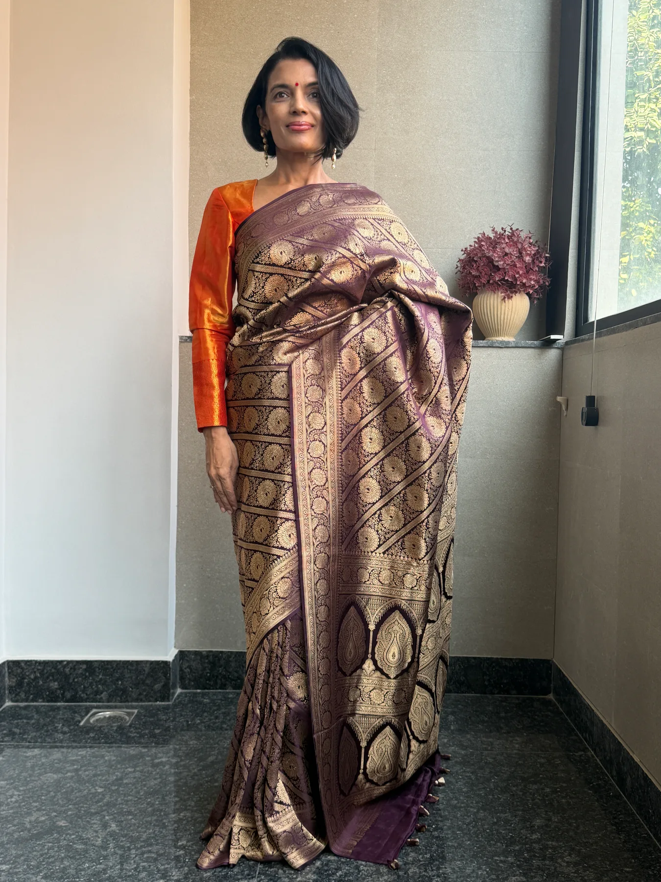 Vintage-Inspired Aubergine Silk Brocade Khimkhaab Locked Kaduwa Saree — Banarasi, Silk Brocade, view 4