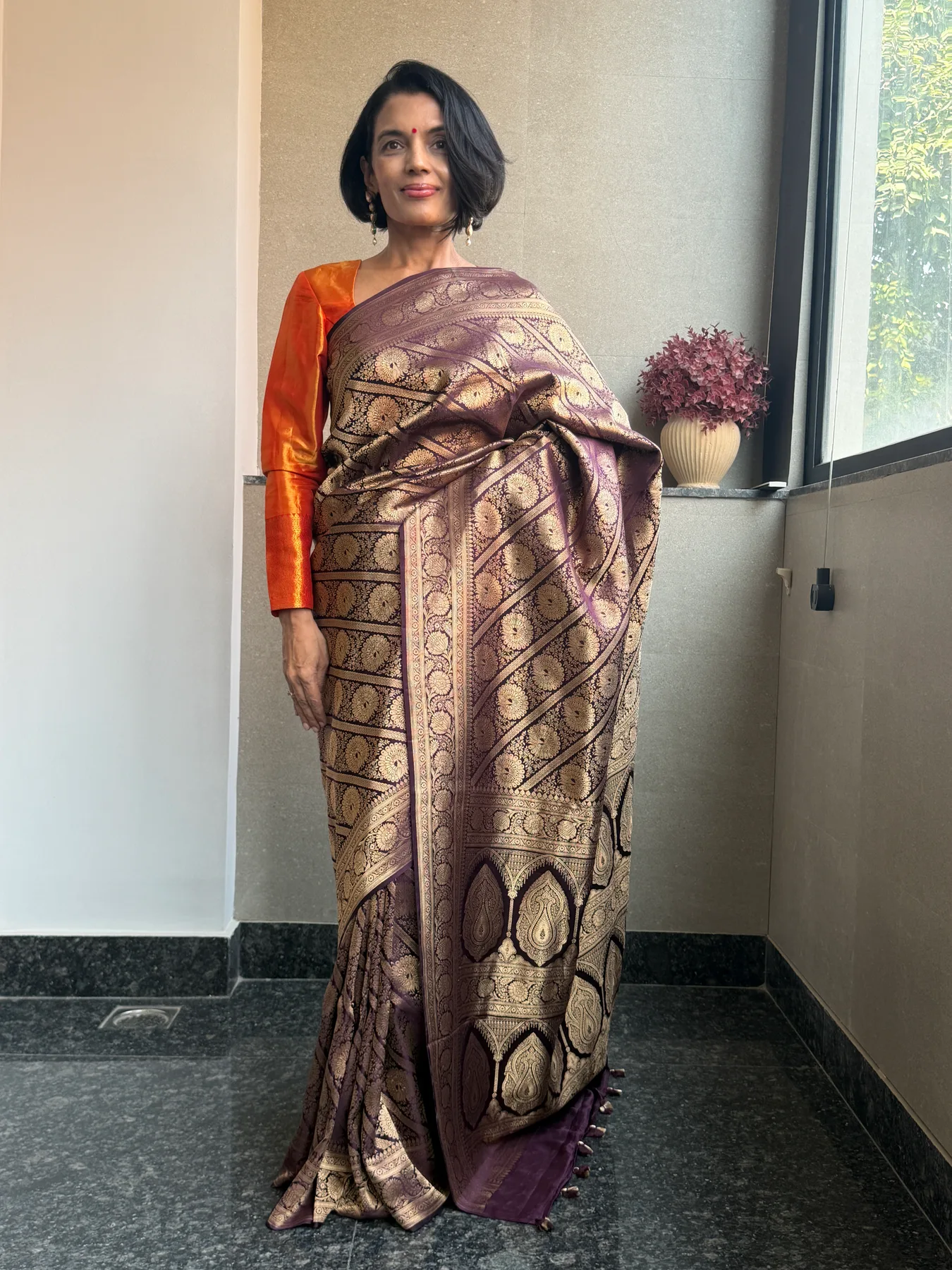 Vintage-Inspired Aubergine Silk Brocade Khimkhaab Locked Kaduwa Saree — Banarasi, Silk Brocade, view 3