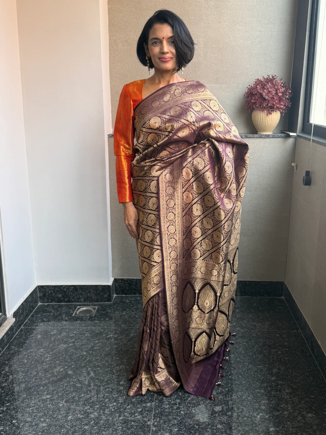Vintage-Inspired Aubergine Silk Brocade Khimkhaab Locked Kaduwa Saree — Banarasi, Silk Brocade, view 2