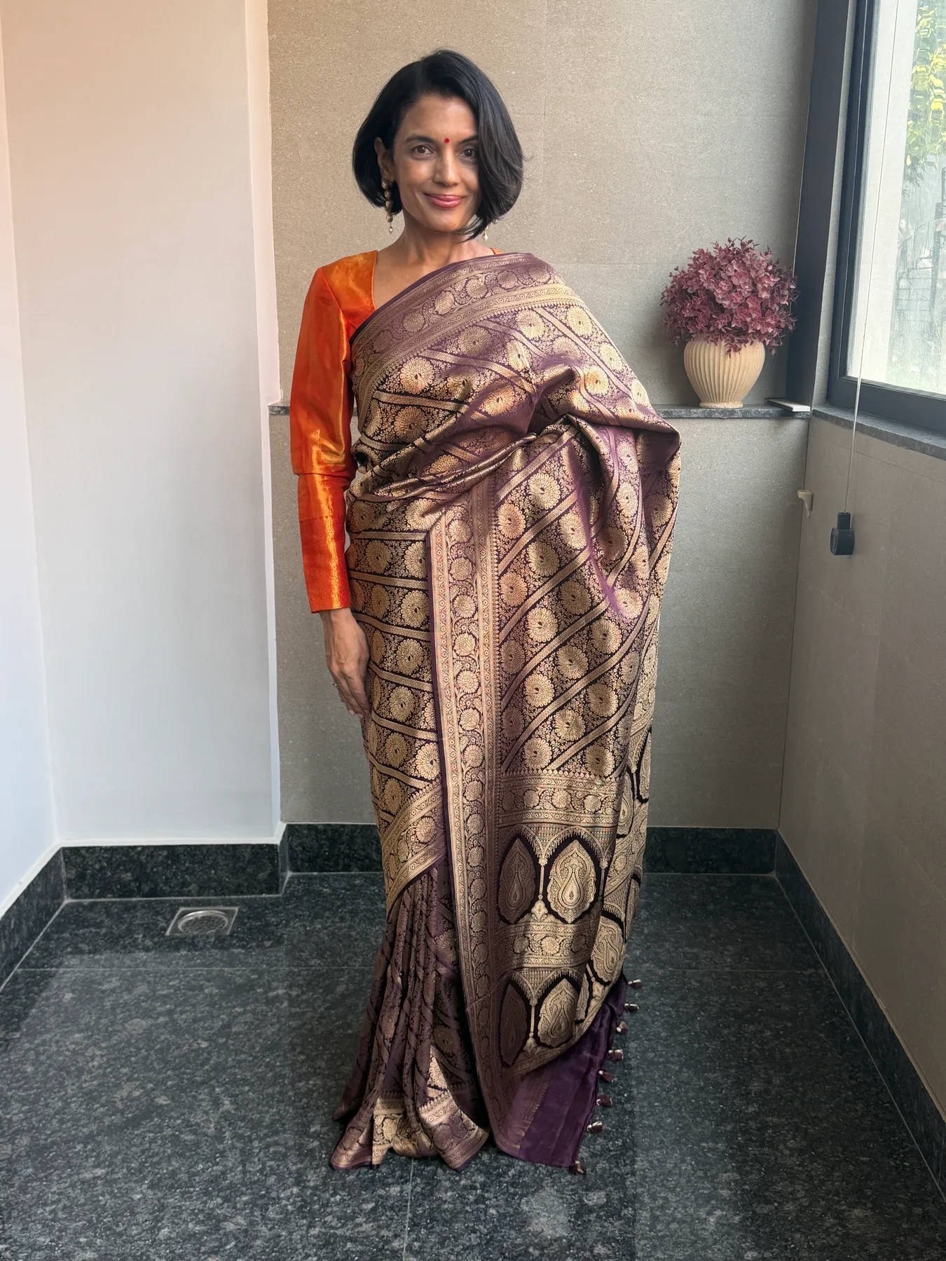 Vintage-Inspired Aubergine Silk Brocade Khimkhaab Locked Kaduwa Saree — Banarasi, Silk Brocade