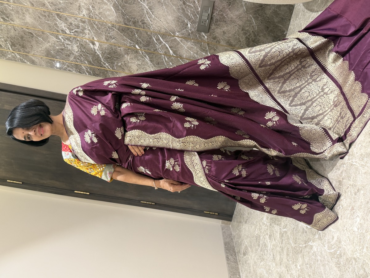 Wine Mushroo Silk Checkered Banarasi Saree — Kanjeewaram-Inspired Border — Banarasi, Mushroo Silk, Varanasi, Uttar Pradesh