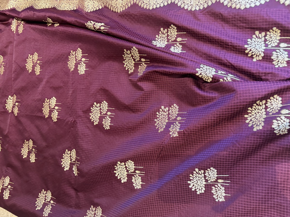 Wine Mushroo Silk Checkered Banarasi Saree — Kanjeewaram-Inspired Border — Banarasi, Mushroo Silk, Varanasi, Uttar Pradesh, view 9