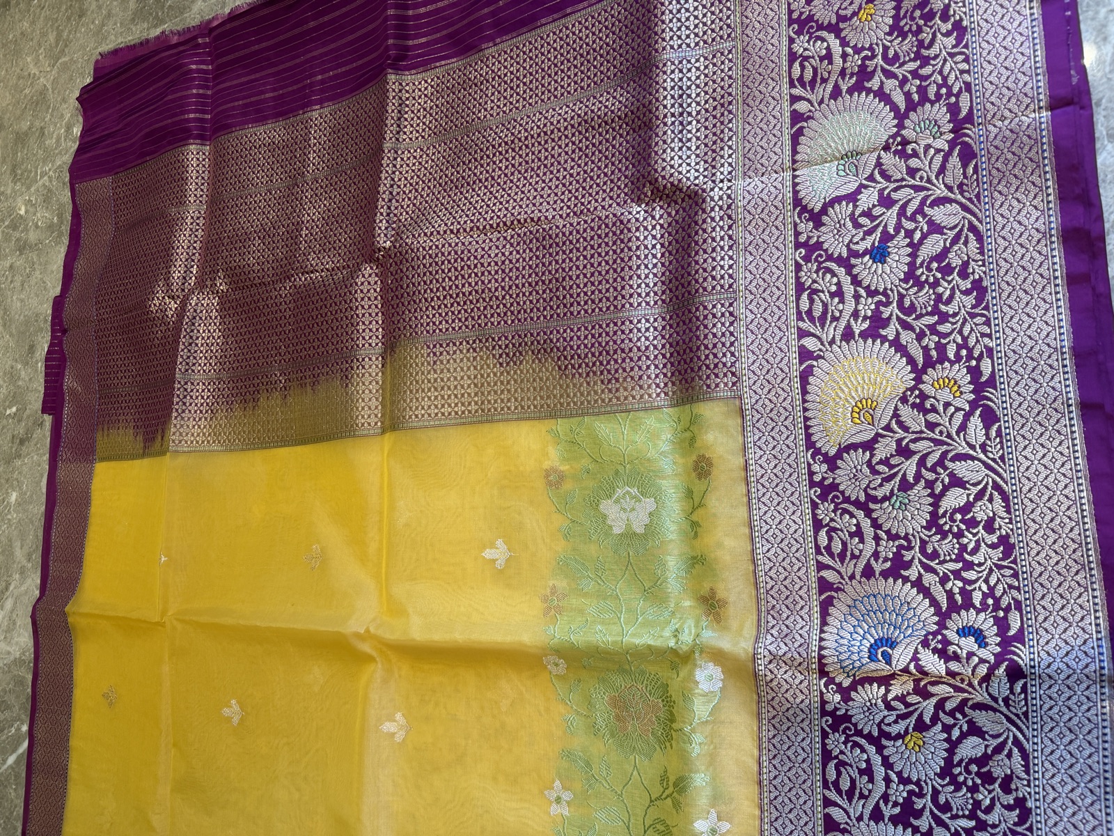 Golden Yellow Kora Silk Banarasi Saree with Katan Silk Kaduwa Meenakari Pallu — Banarasi, Kora Silk, Varanasi, Uttar Pradesh, view 5