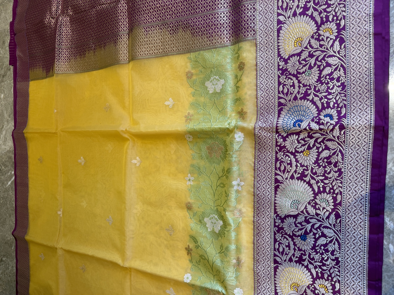 Golden Yellow Kora Silk Banarasi Saree with Katan Silk Kaduwa Meenakari Pallu — Banarasi, Kora Silk, Varanasi, Uttar Pradesh, view 6