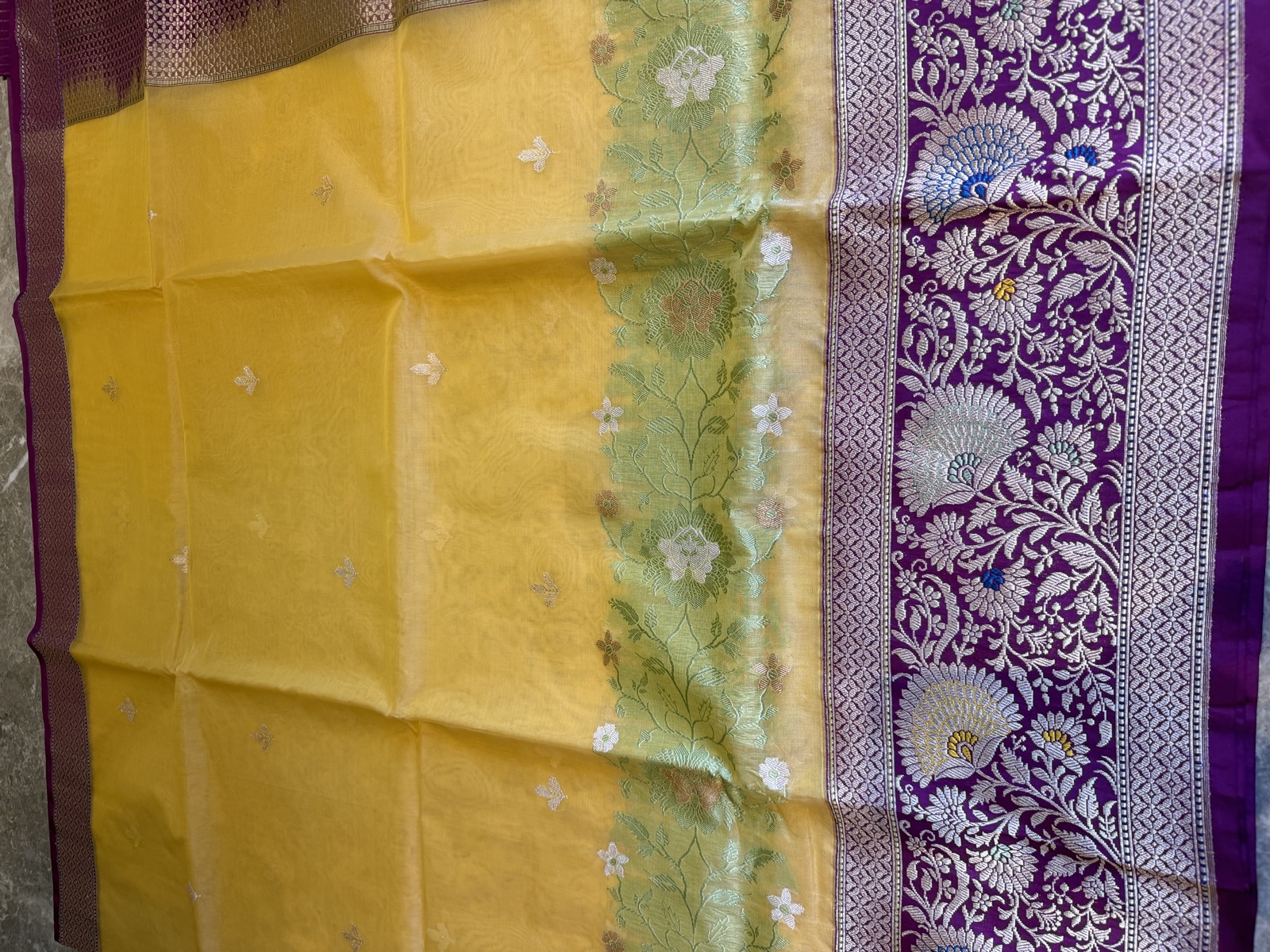 Golden Yellow Kora Silk Banarasi Saree with Katan Silk Kaduwa Meenakari Pallu — Banarasi, Kora Silk, Varanasi, Uttar Pradesh, view 7