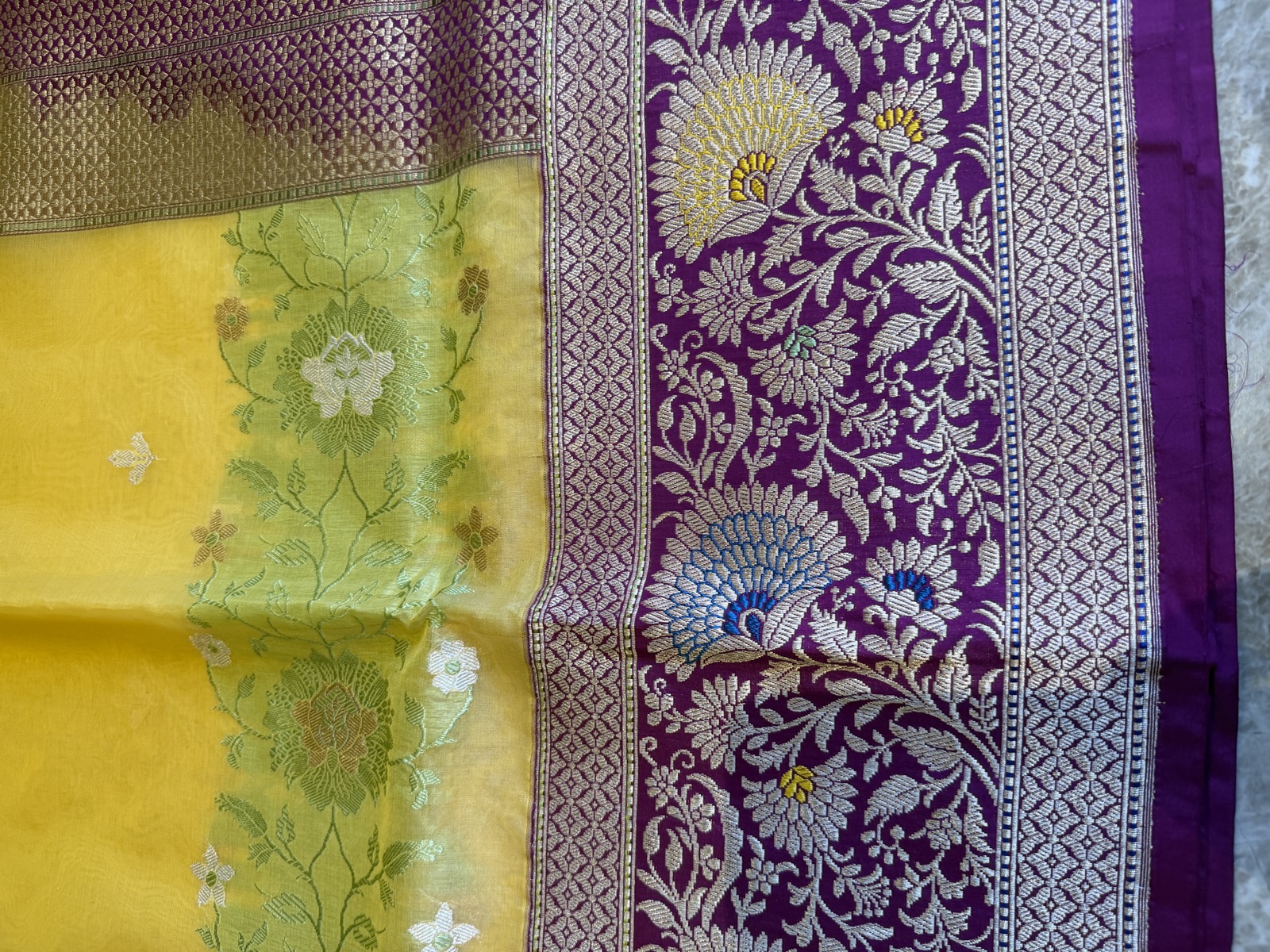Golden Yellow Kora Silk Banarasi Saree with Katan Silk Kaduwa Meenakari Pallu — Banarasi, Kora Silk, Varanasi, Uttar Pradesh, view 8