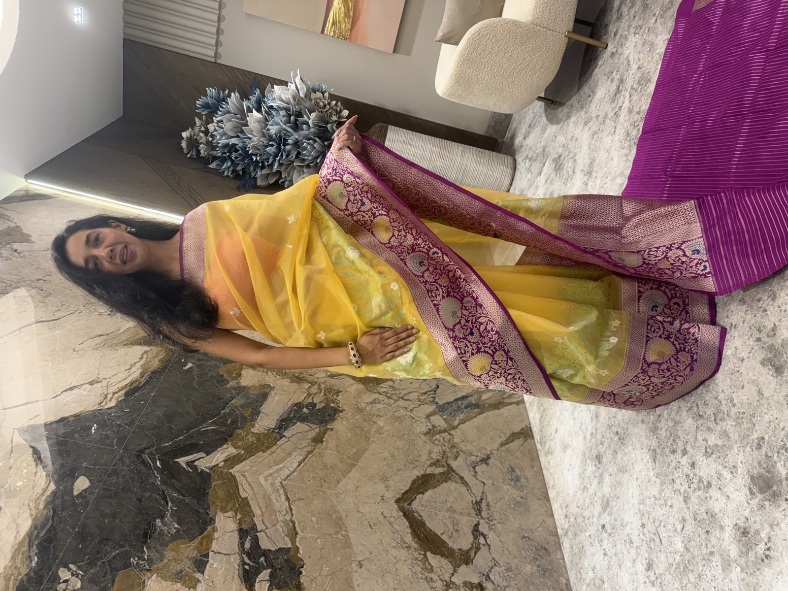 Golden Yellow Kora Silk Banarasi Saree with Katan Silk Kaduwa Meenakari Pallu — Banarasi, Kora Silk, Varanasi, Uttar Pradesh, view 2