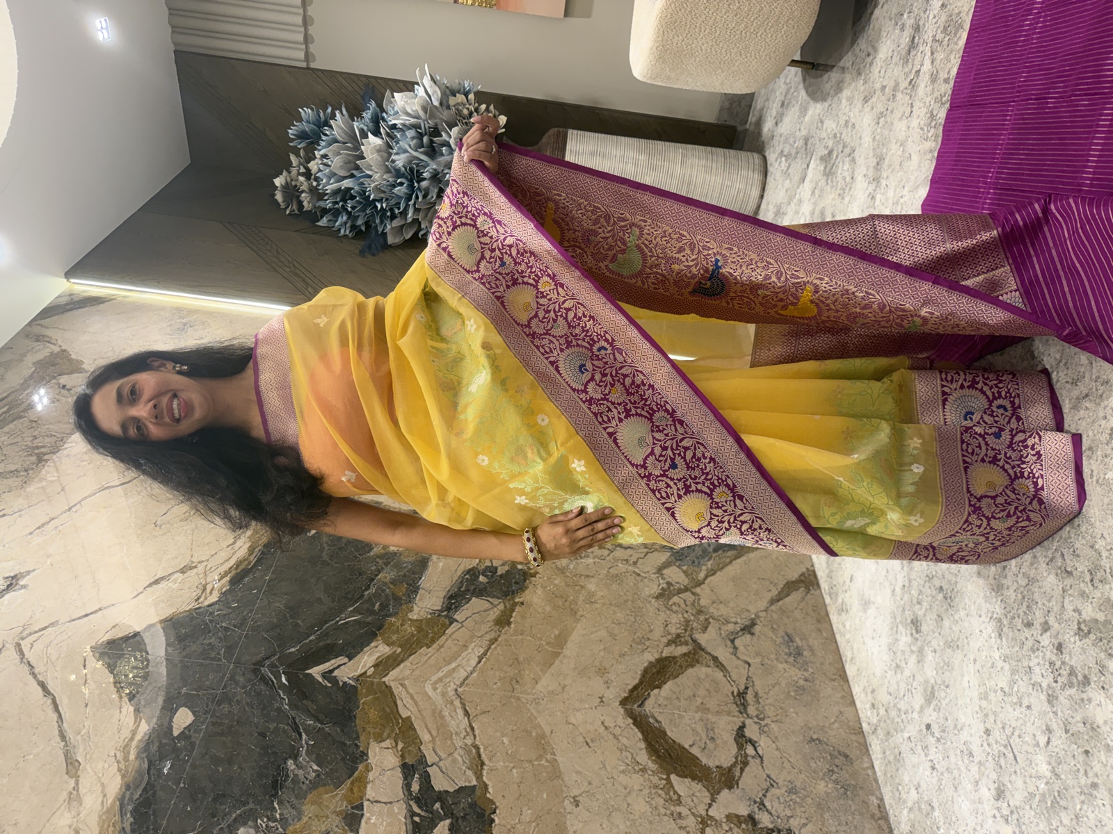 Golden Yellow Kora Silk Banarasi Saree with Katan Silk Kaduwa Meenakari Pallu — Banarasi, Kora Silk, Varanasi, Uttar Pradesh, view 3